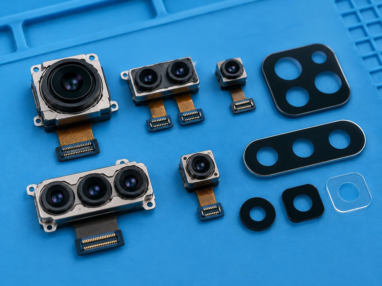 New phone camera modules on a repair mat