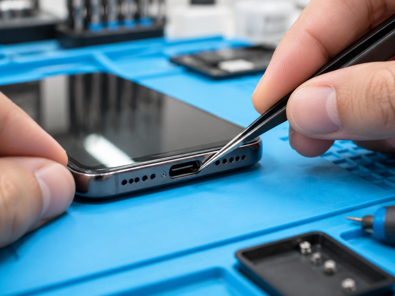 Técnico reparando el puerto de carga USB-C de un móvil con pinzas