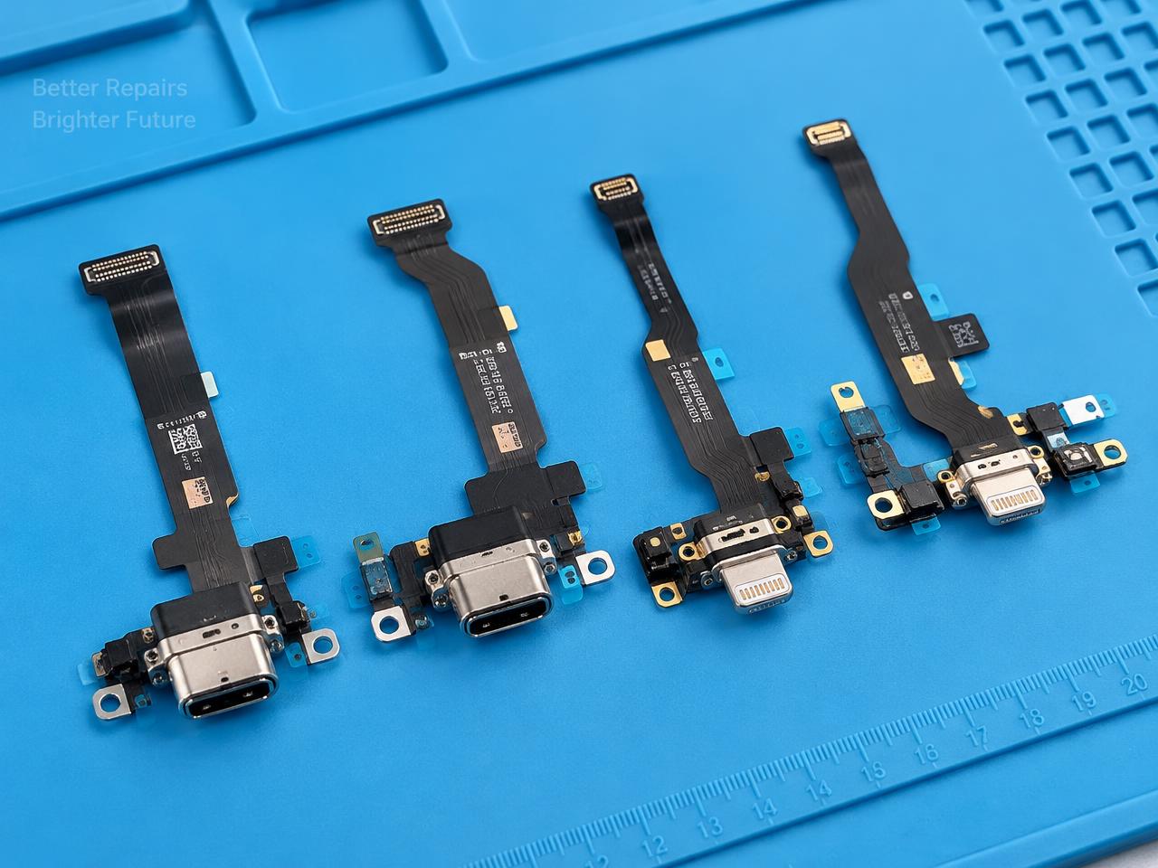Conectores de carga USB-C y Lightning nuevos sobre una alfombrilla de reparación