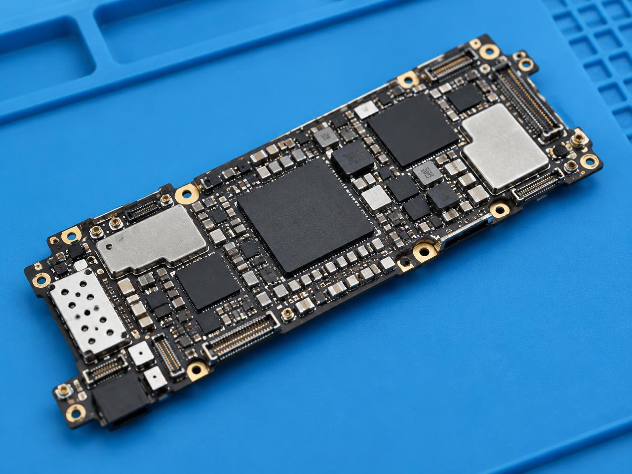 Placa base de móvil con chips y componentes bajo luz de taller