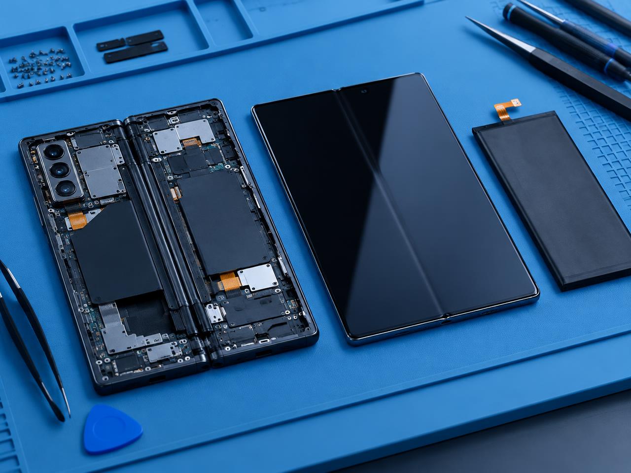 Disassembled Samsung foldable phone next to its replacement screen and battery