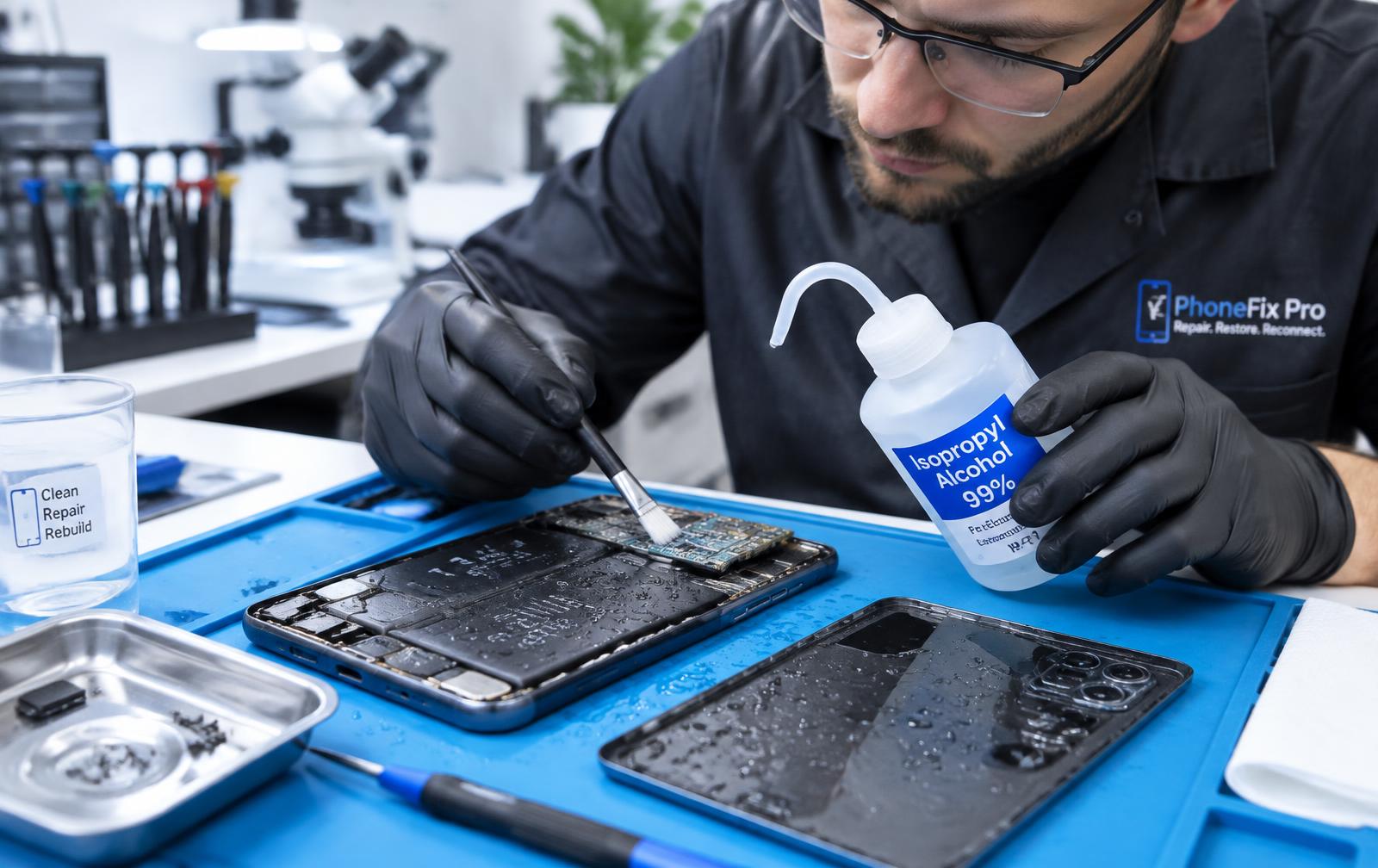 Technician cleaning a wet phone board with isopropyl alcohol