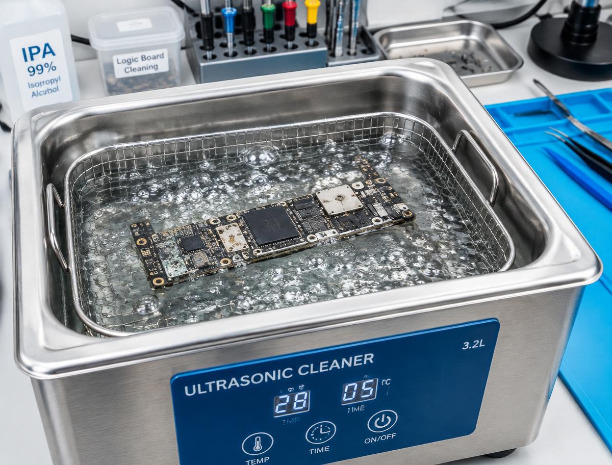 Phone board being cleaned in an ultrasonic bath